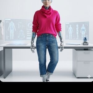 Nwt AZIZA Vibrant Pink Cowl Neck Sweater With Pockets